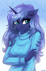 Size: 2500x3900 | Tagged: safe, artist:hakaina, imported from derpibooru, oc, oc only, oc:midnight starfall, anthro, unicorn, clothes, ear fluff, female, freckles, mare, not luna, shy, solo, sweater, turtleneck