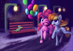 Size: 6614x4677 | Tagged: safe, artist:calena, imported from derpibooru, gummy, pinkie pie, oc, oc:aurelia coe, alligator, earth pony, pony, balloon, bench, building, canon x oc, cute, digital art, female, happy, high res, lamppost, mare, not rainbow dash, one eye closed, open mouth, painting, skyscraper, snow, walking, wink