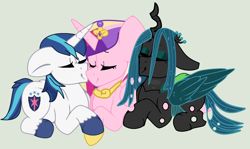 Size: 1712x1017 | Tagged: safe, artist:jadeharmony, artist:jadethepegasus, artist:quillwithnochill, imported from derpibooru, princess cadance, queen chrysalis, shining armor, alicorn, changeling, changeling queen, pony, unicorn, base used, bisexual, bisexual female, blushing, cadalis, cheek kiss, chrysarmordance, crown, eyes closed, eyeshadow, female, gray background, jewelry, kiss on the cheek, kiss sandwich, kissing, lesbian, lesbian in front of boys, makeup, male, mare, ot3, polyamory, regalia, shining chrysalis, shiningcadance, shipping, simple background, stallion, straight, unshorn fetlocks