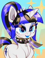 Size: 2800x3650 | Tagged: source needed, safe, artist:rrd-artist, imported from derpibooru, oc, oc only, oc:coldlight bluestar, pony, unicorn, bust, collar, cute, cutie mark, eyebrows, eyeliner, eyeshadow, female, horn, jewelry, lipstick, makeup, mare, ponytail, solo, sparkles, spiked collar, spikes, tiara