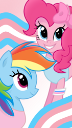 Size: 1080x1920 | Tagged: safe, artist:sallyso, imported from derpibooru, pinkie pie, rainbow dash, earth pony, pegasus, pony, bow, clothes, duo, female, gender headcanon, grin, hair bow, lgbt headcanon, mare, pride, pride flag, shirt, smiling, t-shirt, tanktop, trans female, transgender, transgender pride flag, wristband