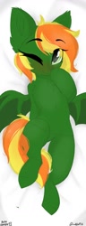 Size: 500x1300 | Tagged: safe, artist:wulfieshydev, imported from derpibooru, oc, oc only, oc:emerald grace, bat pony, pony, bat pony oc, bat wings, blushing, chest fluff, commission, cute, dakimakura cover, ear fluff, eye clipping through hair, eyebrows, eyebrows visible through hair, female, lying down, mare, on back, one eye closed, signature, smiling, solo, two toned mane, wings, your character here