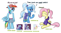 Size: 5071x2759 | Tagged: safe, artist:sheeppony, imported from derpibooru, fluttershy, rainbow dash, trixie, pegasus, pony, unicorn, derpibooru, 90s grunge fluttershy, alternate hairstyle, babysitter trixie, buckball fan gear rainbow dash, cap, clothes, clothes swap, eyes closed, female, gameloft interpretation, hat, hoodie, jacket, mare, meta, pants, ponytail, simple background, sitting, sports bra, sweatpants, tags, transparent background, wings