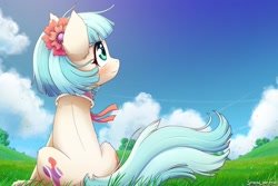 Size: 2400x1600 | Tagged: safe, artist:symbianl, imported from derpibooru, coco pommel, earth pony, pony, beautiful, blushing, both cutie marks, cocobetes, cute, female, flower, mare, scenery, sitting, sky, solo, windswept mane, windswept tail