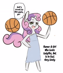 Size: 2208x2544 | Tagged: safe, anonymous artist, imported from derpibooru, sweetie belle, pony, semi-anthro, unicorn, /mlp/, arm hooves, basketball, bipedal, caption, clothes, dialogue, drawthread, ponified, solo, speech bubble, sports