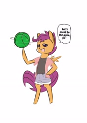 Size: 2480x3508 | Tagged: safe, anonymous artist, imported from derpibooru, scootaloo, pegasus, pony, semi-anthro, /mlp/, arm hooves, basketball, bipedal, clothes, dialogue, drawthread, ponified, solo, speech bubble, sports