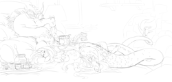 Size: 8093x3872 | Tagged: safe, artist:snspony, imported from derpibooru, discord, fluttershy, draconequus, pegasus, pony, discoshy, female, food, ice cream, male, monochrome, pickles, preggoshy, pregnant, shipping, straight