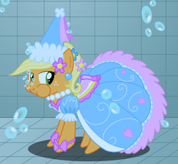 Size: 2700x2500 | Tagged: safe, artist:bladedragoon7575, imported from derpibooru, applejack, earth pony, pony, look before you sleep, applejack is not amused, bored, bubble, clothes, dress, drowning, female, froufrou glittery lacy outfit, hennin, holding breath, not impressed, princess, princess applejack, puffy cheeks, sinking, solo, swimming pool, unamused, underwater