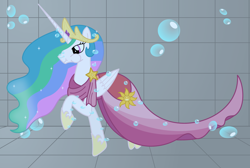 Size: 3350x2250 | Tagged: safe, artist:bladedragoon7575, imported from derpibooru, princess celestia, alicorn, pony, bubble, clothes, crown, dress, female, gala dress, holding breath, hoof shoes, jewelry, mare, puffy cheeks, regalia, solo, swimming pool, underwater