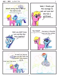 Size: 1385x1792 | Tagged: safe, artist:short tale, imported from derpibooru, cherry berry, minuette, rainbow dash, earth pony, pegasus, pony, unicorn, comic:aj+rd, cloud, crying, eavesdropping, hoof on chin, implied lesbian, implied lyrabon, implied shipping, romance, sad, shocked