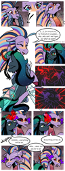 Size: 1500x3900 | Tagged: safe, artist:nancy-05, imported from derpibooru, oc, oc:empress sacer malum, oc:melicus ostium, alicorn, changeling, changeling queen, hybrid, pony, siren, unicorn, comic:fusing the fusions, comic:time of the fusions, absorption, alicorn oc, barrier, black sclera, comforting, comic, commissioner:bigonionbean, confused, curved horn, dark magic, female, fusion, fusion:adagio dazzle, fusion:aria blaze, fusion:empress sacer malum, fusion:king sombra, fusion:melicus ostium, fusion:nightmare moon, fusion:queen chrysalis, fusion:sonata dusk, headache, horn, hug, jewelry, magic, not an alicorn, parent:king sombra, parent:nightmare moon, parent:princess luna, parent:queen chrysalis, possession, regalia, sombra eyes, tartarus, water fountain, wings, writer:bigonionbean