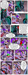 Size: 1500x3900 | Tagged: safe, artist:nancy-05, imported from derpibooru, oc, oc:empress sacer malum, oc:melicus ostium, alicorn, changeling, changeling queen, hybrid, pony, siren, unicorn, comic:fusing the fusions, comic:time of the fusions, absorption, alicorn oc, barrier, black sclera, comforting, comic, commissioner:bigonionbean, confused, curved horn, dark magic, female, fusion, fusion:adagio dazzle, fusion:aria blaze, fusion:empress sacer malum, fusion:king sombra, fusion:melicus ostium, fusion:nightmare moon, fusion:queen chrysalis, fusion:sonata dusk, headache, horn, jewelry, magic, not an alicorn, parent:king sombra, parent:nightmare moon, parent:princess luna, parent:queen chrysalis, possessed, possession, regalia, sombra eyes, tartarus, water fountain, wings, writer:bigonionbean