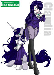 Size: 2000x2800 | Tagged: safe, artist:geraritydevillefort, imported from derpibooru, oc, oc:claudia, pony, unicorn, clothes, cravat, human ponidox, jacket, knee-high boots, long hair, long mane, self ponidox