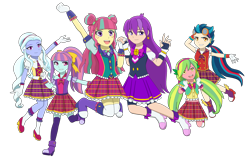 Size: 2560x1620 | Tagged: safe, artist:fantasygerard2000, imported from derpibooru, indigo zap, lemon zest, sour sweet, sugarcoat, sunny flare, oc, oc:magus eveningstar, equestria girls, friendship games, boots, bow, clothes, dress, ear piercing, earring, female, gloves, goggles, hair bun, headphones, jewelry, piercing, ponytail, ribbon, shadow five, shadowbolts, shoes, simple background, skirt, stockings, thigh highs, transparent background