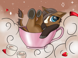 Size: 2560x1920 | Tagged: safe, artist:maffick, artist:maffin, imported from derpibooru, oc, oc only, oc:strawberry cocoa, monster pony, pony, unicorn, blaze (coat marking), cloud, coat markings, coffee cup, colored hooves, commission, commissioner:rautamiekka, cup, cup of pony, eyelashes, facial markings, female, floppy ears, food, hair over one eye, horn, looking back, mare, micro, one eye covered, segmented tail, smiling, solo, strawberry, teacup, tiny, tiny cup, tiny ponies, underhoof, unicorn oc, unshorn fetlocks, ych result