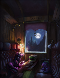 Size: 1500x1953 | Tagged: safe, artist:nemo2d, imported from derpibooru, spike, twilight sparkle, dragon, pony, unicorn, alternate universe, book, canterlot, commission, duo, eyes closed, fanfic, fanfic art, fanfic cover, female, full moon, lying down, magic, male, mare, mare in the moon, moon, night, prone, reading, sky, sleeping, telekinesis, train cabin, train car, unicorn twilight