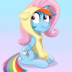 Size: 2048x2048 | Tagged: safe, artist:whitequartztheartist, imported from derpibooru, rainbow dash, pegasus, pony, clothes, commission, costume, female, floppy ears, folded wings, gradient background, high res, hoodie, kigurumi, looking at you, mare, scrunchy face, sitting, solo, three quarter view, wings