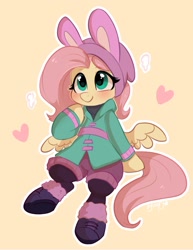 Size: 787x1017 | Tagged: safe, artist:colorfulcolor233, artist:oofycolorful, imported from derpibooru, fluttershy, pegasus, pony, equestria girls, blushing, bunny ears, clothes, cute, equestria girls ponified, female, heart, mare, ponified, shyabetes, simple background, sitting, solo, winter outfit, yellow background