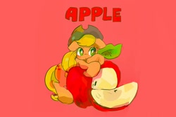 Size: 1156x771 | Tagged: safe, artist:osawari64, imported from derpibooru, applejack, earth pony, pony, apple, apple slice, cute, female, floppy ears, food, jackabetes, mare, red background, simple background, solo