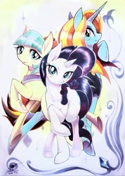 Size: 1461x2048 | Tagged: safe, artist:025aki, imported from derpibooru, coco pommel, rarity, sassy saddles, earth pony, pony, unicorn, blushing, female, looking at you, mare, marker drawing, smiling, traditional art, trio