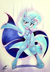 Size: 1420x2048 | Tagged: safe, artist:025aki, imported from derpibooru, trixie, pony, unicorn, bipedal, blushing, ear fluff, female, gem, looking at you, mare, marker drawing, open mouth, solo, traditional art