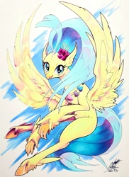 Size: 1487x2048 | Tagged: safe, artist:025aki, imported from derpibooru, princess skystar, hippogriff, my little pony: the movie, cute, female, flower, flower in hair, flying, marker drawing, seashell necklace, sky, skyabetes, solo, spread wings, traditional art, wings