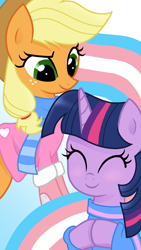 Size: 1080x1920 | Tagged: safe, artist:sallyso, imported from derpibooru, applejack, twilight sparkle, alicorn, earth pony, pony, applejack's hat, clothes, cowboy hat, duo, eyes closed, female, freckles, gender headcanon, hat, lgbt headcanon, mare, pride, pride flag, raised eyebrow, raised hoof, scarf, socks, sweater, trans female, transgender pride flag, twilight sparkle (alicorn)