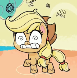 Size: 711x714 | Tagged: safe, imported from derpibooru, screencap, applejack, earth pony, pony, my little pony: pony life, ponies of the moment, spoiler:pony life s01e27, dizzy, g4.5, raised hoof, solo, swirly eyes