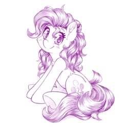 Size: 1280x1280 | Tagged: safe, artist:dstears, imported from derpibooru, pinkie pie, earth pony, pony, butt fluff, cheek fluff, chest fluff, cute, diapinkes, ear fluff, female, fluffy, grayscale, leg fluff, looking at you, mare, monochrome, pencil drawing, ponk, simple background, sitting, sketch, smiling, smiling at you, solo, traditional art, underhoof, white background