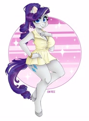 Size: 1920x2615 | Tagged: safe, artist:sk-ree, imported from derpibooru, rarity, anthro, unguligrade anthro, unicorn, alternate hairstyle, clothes, dress, eyelashes, female, looking at you, ponytail, solo, unshorn fetlocks