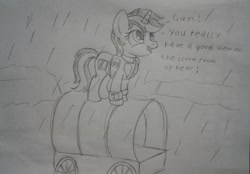 Size: 2012x1400 | Tagged: safe, artist:peternators, edit, imported from derpibooru, oc, oc only, oc:blackjack, pony, unicorn, fallout equestria, fallout equestria: project horizons, fanfic art, female, happy, mare, monochrome, pipbuck, rain, sketch, smiling, solo, text, traditional art, wagon