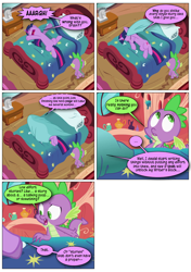 Size: 868x1230 | Tagged: safe, artist:dziadek1990, edit, edited screencap, imported from derpibooru, screencap, spike, twilight sparkle, dragon, pony, unicorn, comic:something, lesson zero, bed, comic, conversation, dialogue, female, male, mare, meta, pillow, screencap comic, slice of life, text, unicorn twilight, writer's block