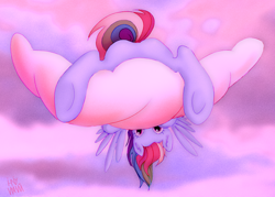 Size: 1280x919 | Tagged: safe, artist:ihniyart, imported from derpibooru, rainbow dash, pegasus, pony, butt, cloud, cute, dashabetes, featureless crotch, female, looking at you, looking back, looking back at you, lying down, mare, on a cloud, plot, prone, sky, solo, upside down