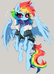 Size: 1651x2244 | Tagged: safe, artist:hoshmyposhes, imported from derpibooru, rainbow dash, pegasus, pony, bomber jacket, chest fluff, clothes, feather, female, gray background, jacket, leg fluff, looking at you, mare, simple background, solo, spread wings, wings