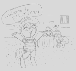 Size: 1017x946 | Tagged: safe, artist:heretichesh, imported from derpibooru, oc, oc only, earth pony, pony, blushing, clothes, cup, dialogue, female, filly, frown, hat, jail, prison outfit, prisoner, smiling, stoic, stripes, table, tablecloth, text, trio, window, window bars