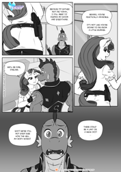 Size: 1200x1697 | Tagged: safe, artist:pia-sama, imported from derpibooru, rarity, spike, anthro, dragon, unicorn, comic:rogue diamond, comic, female, male, mare, monochrome, older, older spike, sweat