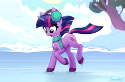 Size: 2159x1424 | Tagged: safe, artist:lunebat, imported from derpibooru, twilight sparkle, pony, unicorn, season 1, winter wrap up, chest fluff, clothes, cute, earmuffs, female, ice, ice skates, ice skating, leg fluff, mare, open mouth, scarf, scene interpretation, signature, solo, this will end in pain, twiabetes, unicorn twilight