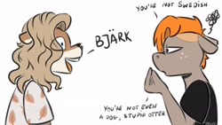 Size: 3840x2160 | Tagged: safe, artist:jellysiek, artist:jellysketch, imported from derpibooru, oc, oc only, oc:carmel, anthro, earth pony, otter, angry, clothes, derp, dialogue, duo, eye clipping through hair, funny, furry, furry oc, looking at each other, shirt, t-shirt