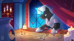 Size: 1781x1000 | Tagged: safe, artist:seanica, imported from derpibooru, oc, oc only, oc:valorheart, pony, unicorn, armor, candle, crystal armor, crystal guard, crystal guard armor, male, map, planning, solo, stallion