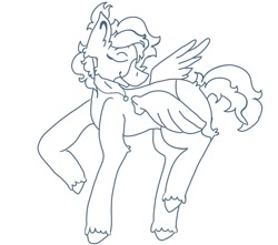 Size: 866x767 | Tagged: safe, artist:dellieses, imported from derpibooru, oc, oc only, pegasus, pony, eyes closed, lineart, monochrome, pegasus oc, raised hoof, solo, unshorn fetlocks, wings