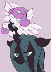 Size: 1442x2048 | Tagged: safe, artist:noupu, imported from derpibooru, princess flurry heart, queen chrysalis, alicorn, changeling, changeling queen, pony, baby, baby pony, biting, bust, cute, duo, female, floppy ears, flurrybetes, nibbling, portrait, purple background, queen chrysalis is not amused, simple background, unamused