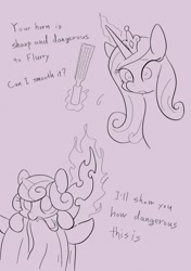 Size: 1442x2048 | Tagged: safe, artist:noupu, imported from derpibooru, princess cadance, princess flurry heart, queen chrysalis, alicorn, changeling, pony, baby, baby pony, bust, cute, dialogue, female, glowing horn, horn, mare, monochrome