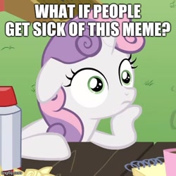 Size: 500x500 | Tagged: safe, edit, edited screencap, imported from derpibooru, screencap, sweetie belle, pony, unicorn, ponyville confidential, caption, cropped, exploitable meme, female, filly, image macro, meme, obligatory pony, solo, sudden clarity sweetie belle, text