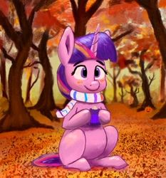 Size: 1909x2048 | Tagged: safe, artist:dummyhorse, artist:phutashi, imported from derpibooru, twilight sparkle, pony, unicorn, autumn, blushing, clothes, cute, drink, female, hoof hold, hot drink, looking at you, mare, missing cutie mark, mug, outdoors, pumpkin, scarf, sitting, smiling, solo, three quarter view, tree, twiabetes, unicorn twilight