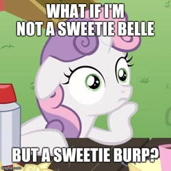 Size: 500x500 | Tagged: safe, edit, edited screencap, imported from derpibooru, screencap, sweetie belle, pony, unicorn, ponyville confidential, caption, cropped, exploitable meme, female, filly, image macro, meme, newborn cuties, obligatory pony, solo, sudden clarity sweetie belle, sweetie burp, text