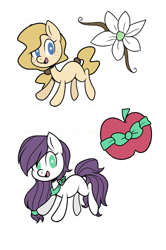 Size: 1080x1626 | Tagged: safe, artist:demibowties, imported from derpibooru, oc, oc only, earth pony, pony, apple, bowtie, cute, cutie mark, female, filly, flower, food, freckles, magical lesbian spawn, offspring, parent:applejack, parent:rarity, parents:rarijack, siblings, sisters