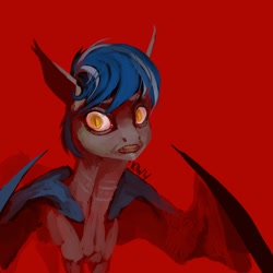 Size: 2160x2160 | Tagged: safe, artist:kiwwsplash, imported from derpibooru, oc, oc only, bat pony, pony, bat pony oc, bat wings, gritted teeth, red background, signature, simple background, solo, wings