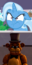 Size: 1078x2156 | Tagged: safe, imported from derpibooru, screencap, trixie, season 9, student counsel, 3d, angry, cross-popping veins, crossover, discovery family logo, five nights at freddy's, floppy ears, freddy fazbear, rage, scott cawthon, shrunken pupils, source filmmaker, thehottest dog