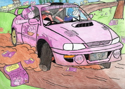 Size: 3414x2431 | Tagged: safe, artist:sparkfler85, imported from derpibooru, pinkie pie, rarity, earth pony, pony, unicorn, car, crayon drawing, dirt, racecar, subaru, subaru impreza, traditional art, tree