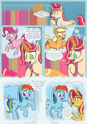 Size: 2480x3508 | Tagged: safe, artist:kozachokzrotom, imported from derpibooru, applejack, pinkie pie, rainbow dash, sunset shimmer, oc, oc:queen motherly morning, alicorn, earth pony, pegasus, pony, unicorn, comic:couple of the crystal empire, alicorn oc, armor, closet, clothes, comic, commissioner:bigonionbean, cowboy hat, crystal empire, dialogue, doors, female, fusion, fusion:applejack, fusion:pinkie pie, fusion:queen motherly morning, fusion:rainbow dash, fusion:sunset shimmer, hat, horn, magic, palace, royal guard, royal guard armor, royalty, stetson, thought bubble, wings, writer:bigonionbean